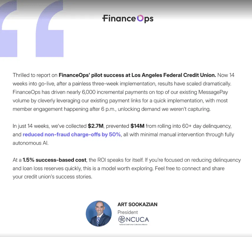 Testimonial by LAFCU for FinanceOps