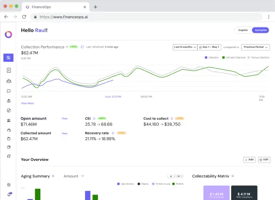 FinanceOps Agentic AI Autopilot dashboard showing collection performance, account metrics, and autonomous run controls
