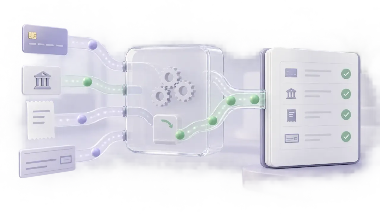 Payment events moving through a controlled recovery process into a reconciled ledger, with no readable figures
