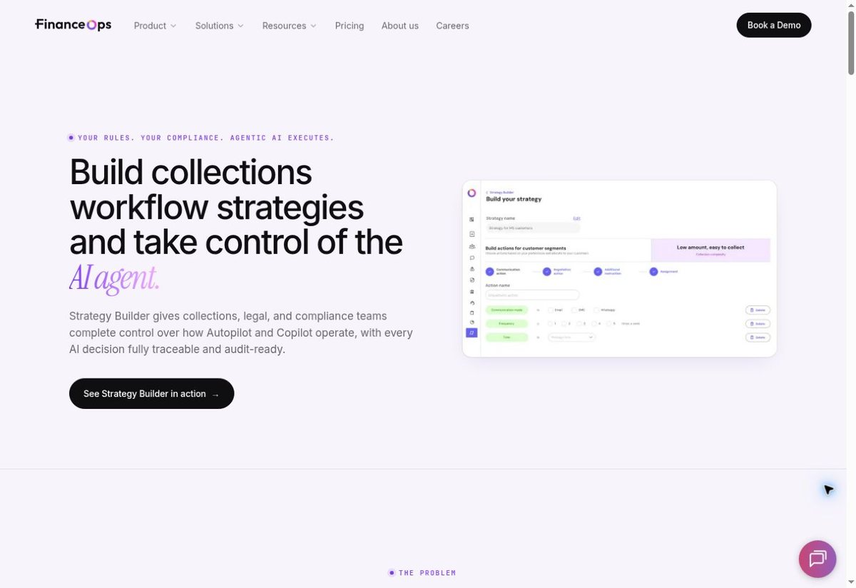 Screenshot of the FinanceOps Strategy Builder page showing controlled collections workflow strategies