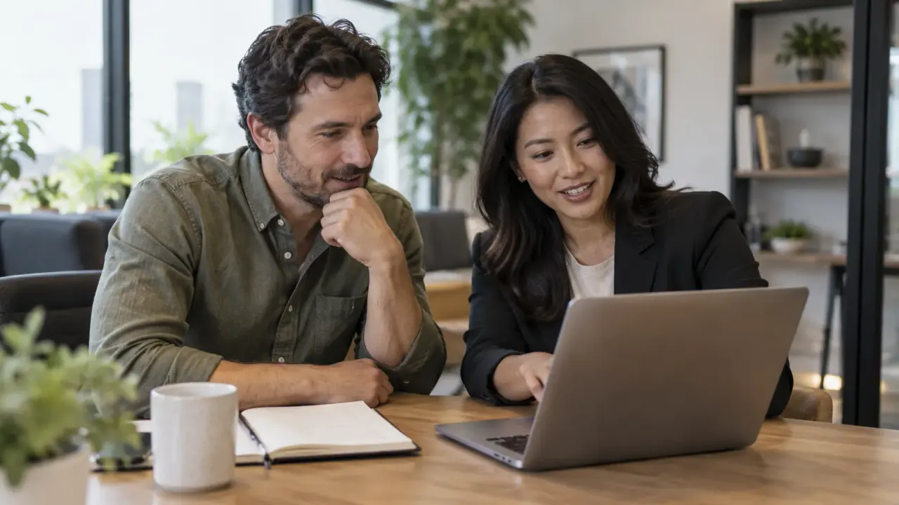 A business customer and finance team member calmly reviewing a payment issue together at a laptop, with no visible account data.