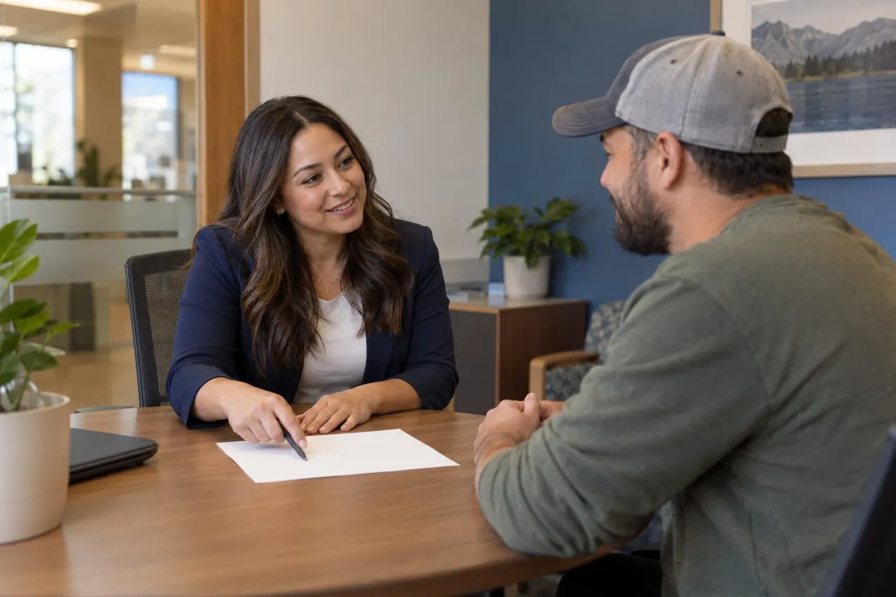 A credit union employee listens to a member during a private conversation about resolving an account.