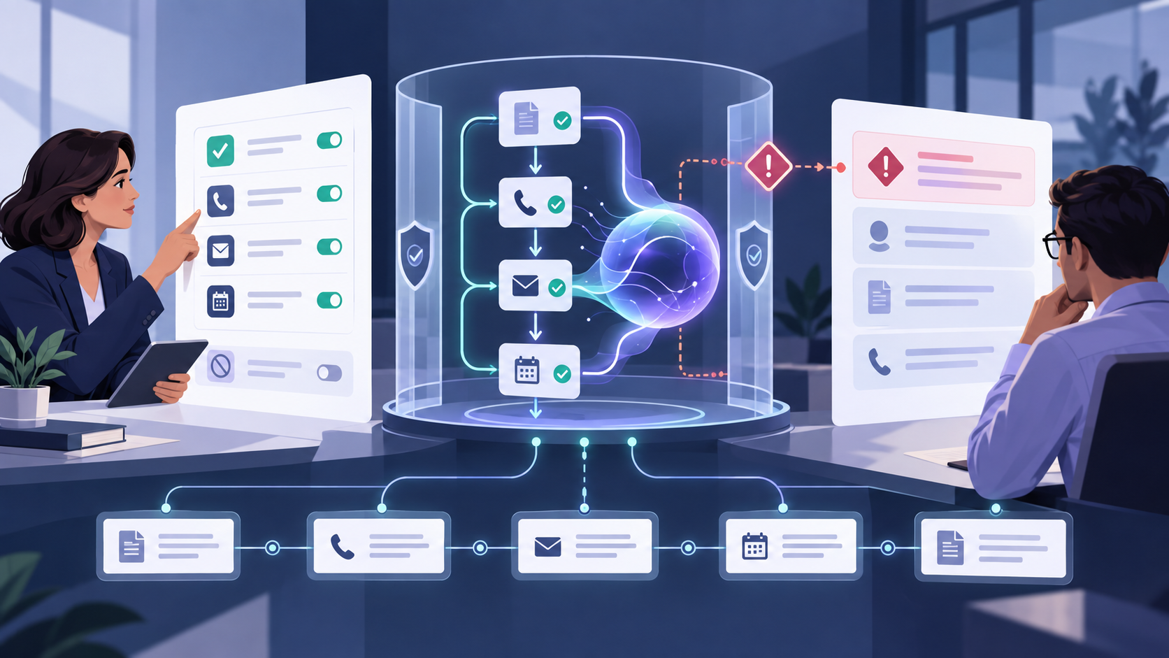 Compliance and legal teams define the policy while an AI workflow performs permitted collections actions and routes exceptions to a human reviewer.