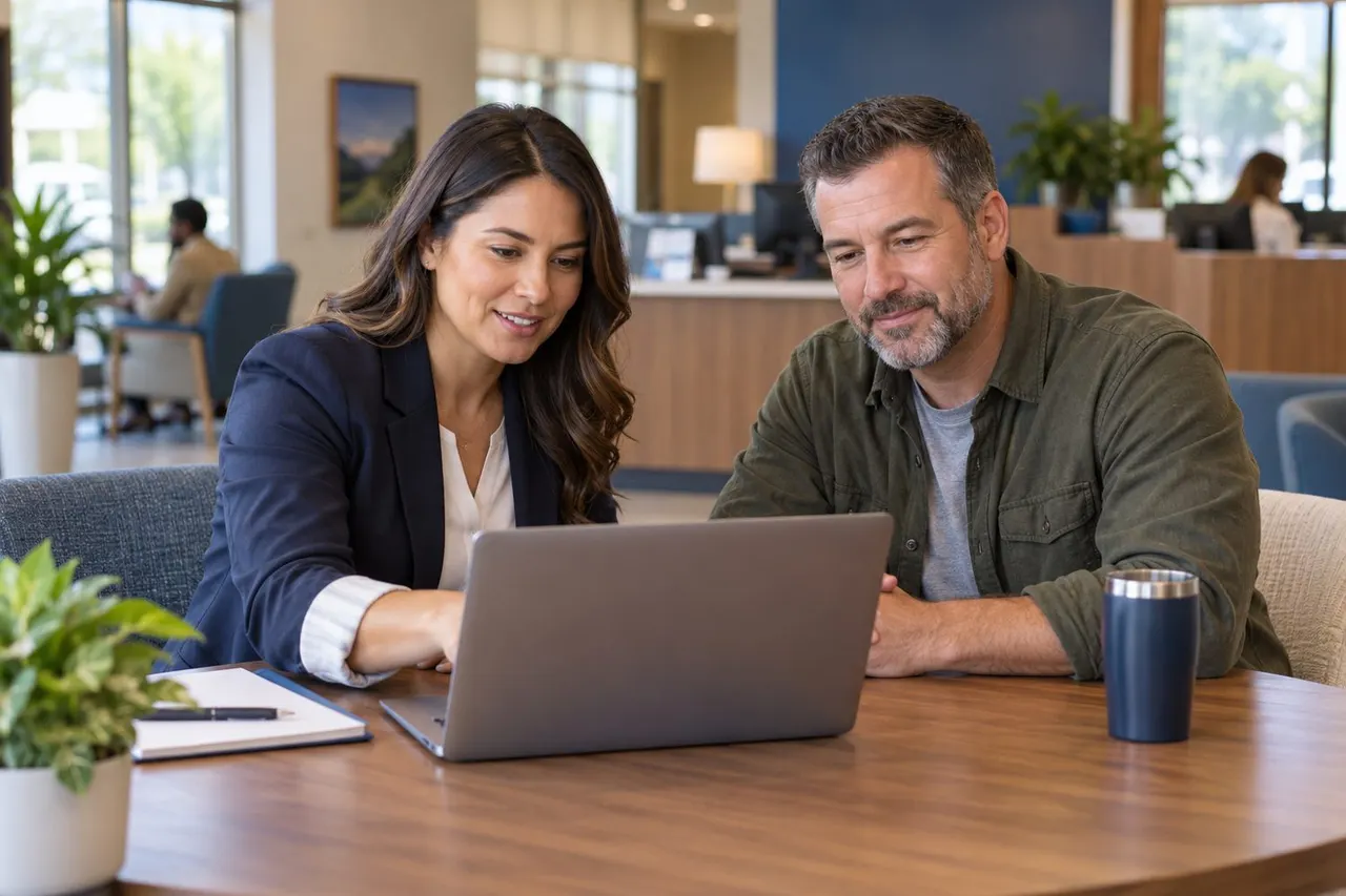 A credit union advisor and member review account information together at a laptop.