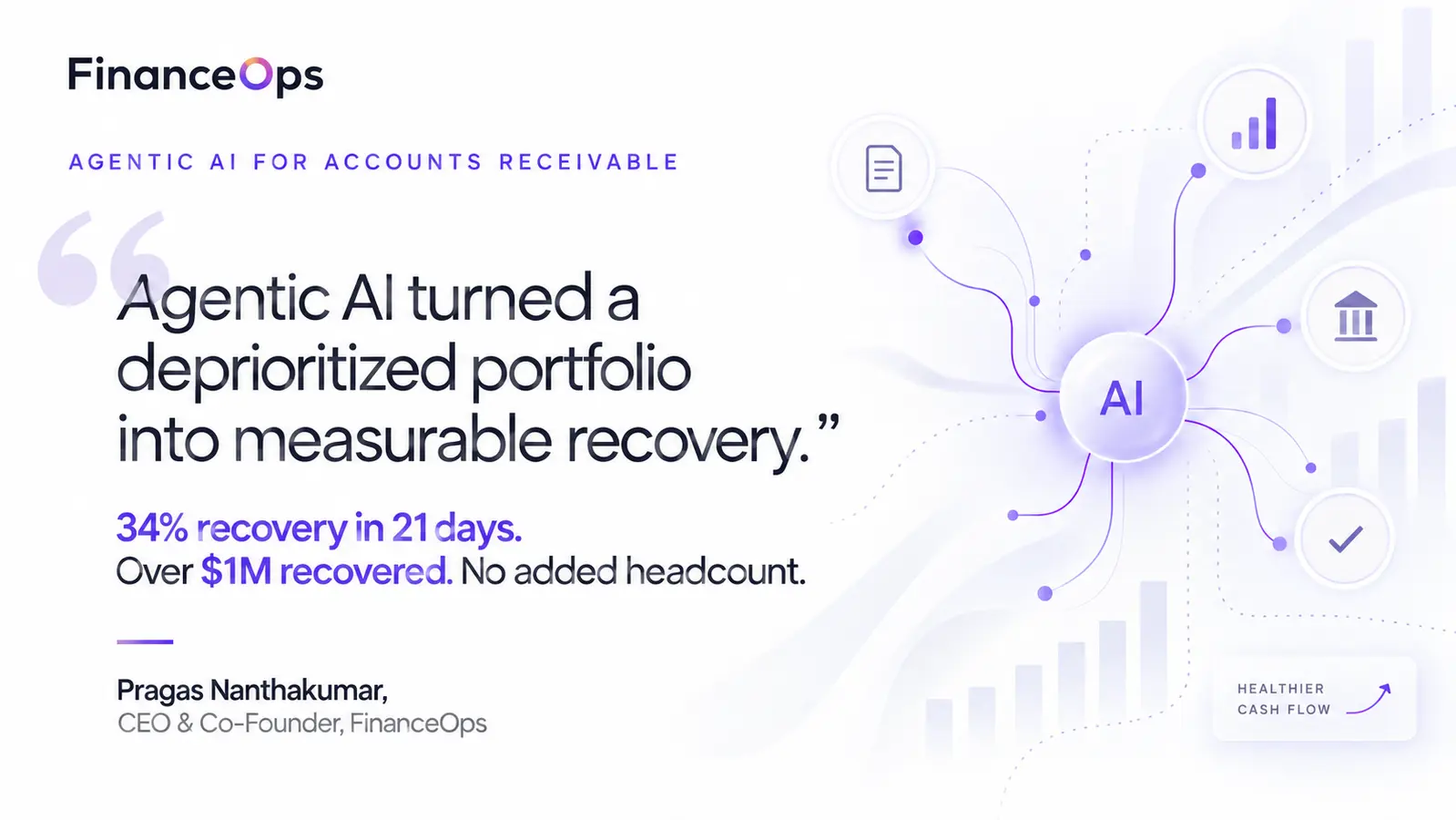 Pragas Nanthakumar testimonial highlighting 34 percent recovery in 21 days, more than one million dollars recovered, and no added headcount