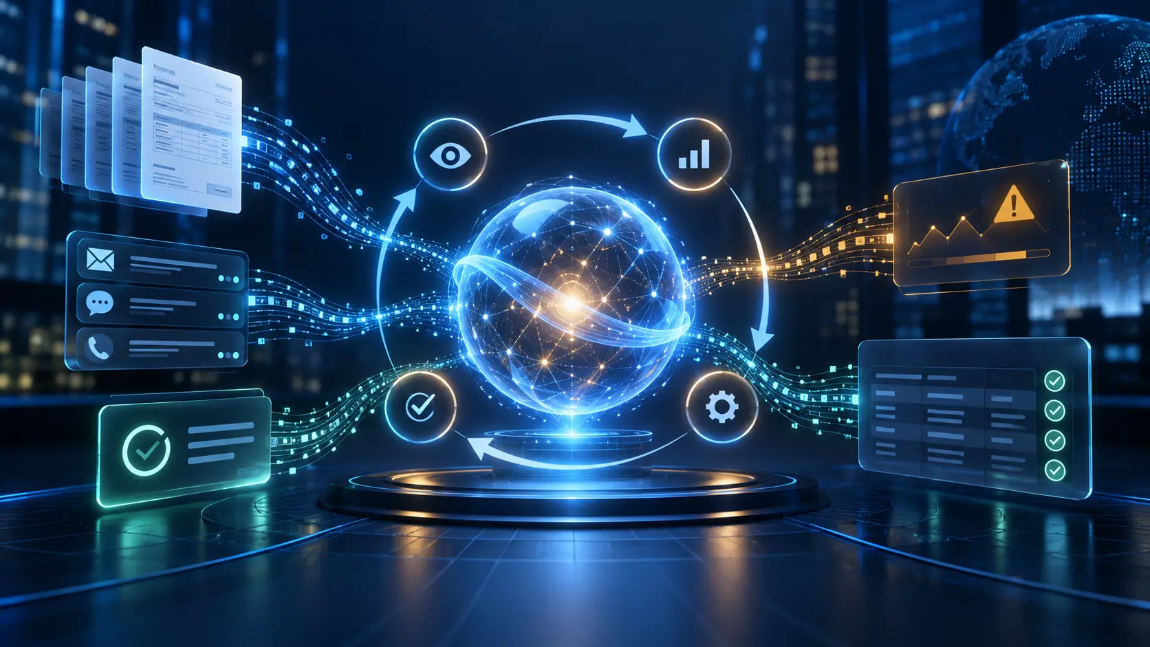 Agentic AI orchestration layer connecting invoices, customer communications, risk signals, payments, and ledger reconciliation