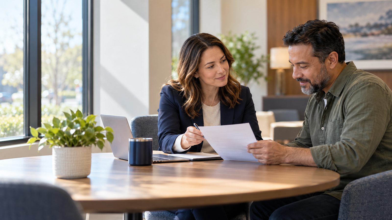 A credit union advisor and member review a payment statement together in a calm, supportive setting.