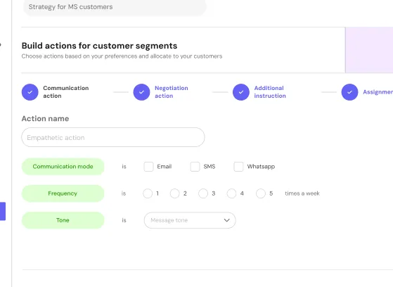 FinanceOps Strategy Builder controls for communication channel, contact frequency, and message tone