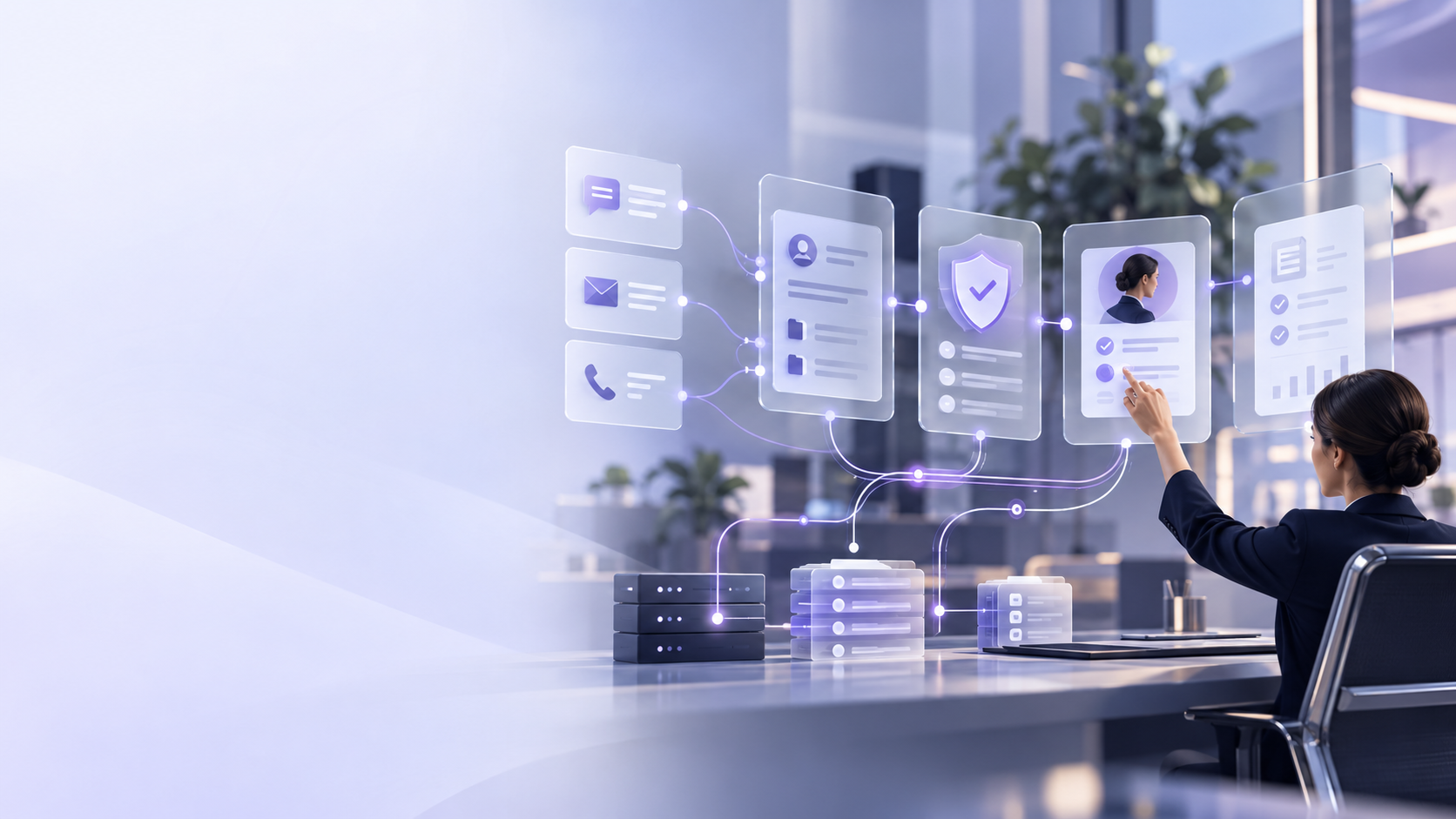 A collections operations professional reviews a controlled AI workflow with account checks, policy gates, human review, and audit records.