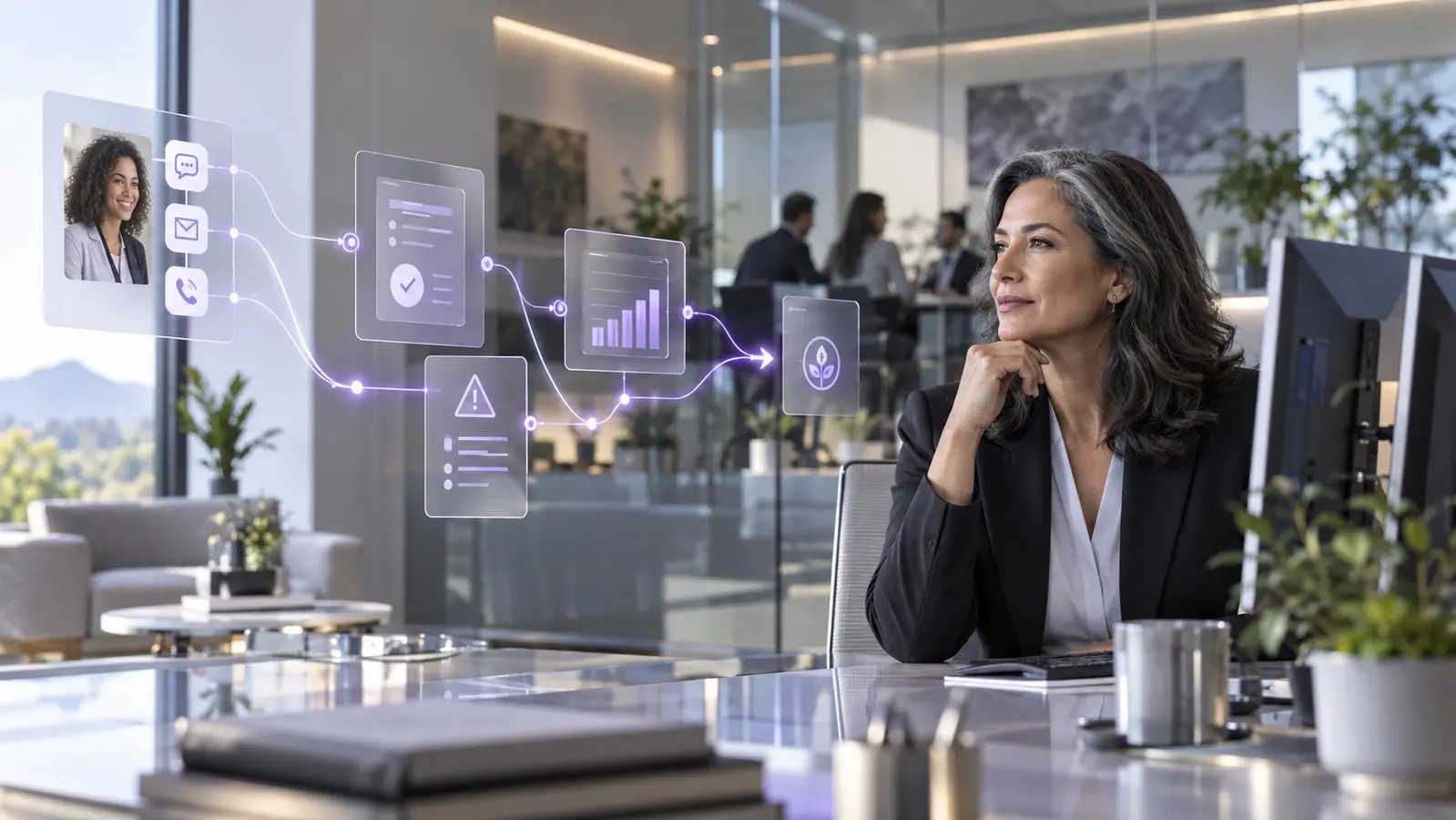 Credit union finance executive reviewing an AI-coordinated accounts receivable workflow in a modern operations environment