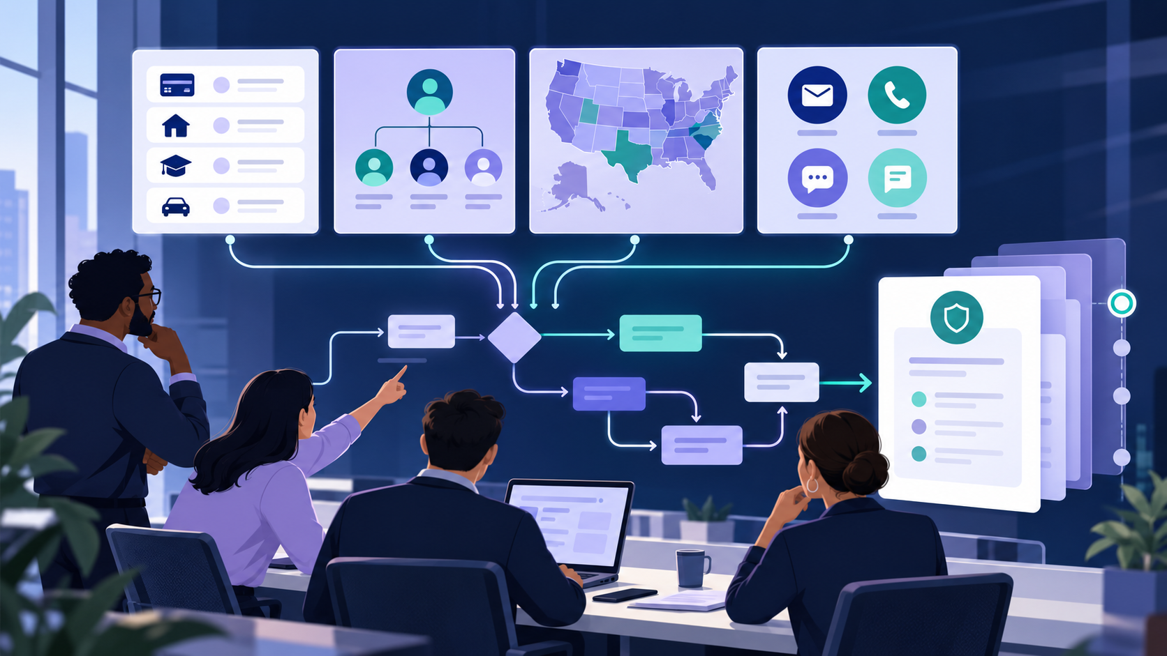 A collections team maps account facts, organization roles, U.S. jurisdiction, and communication channels to a versioned policy control.