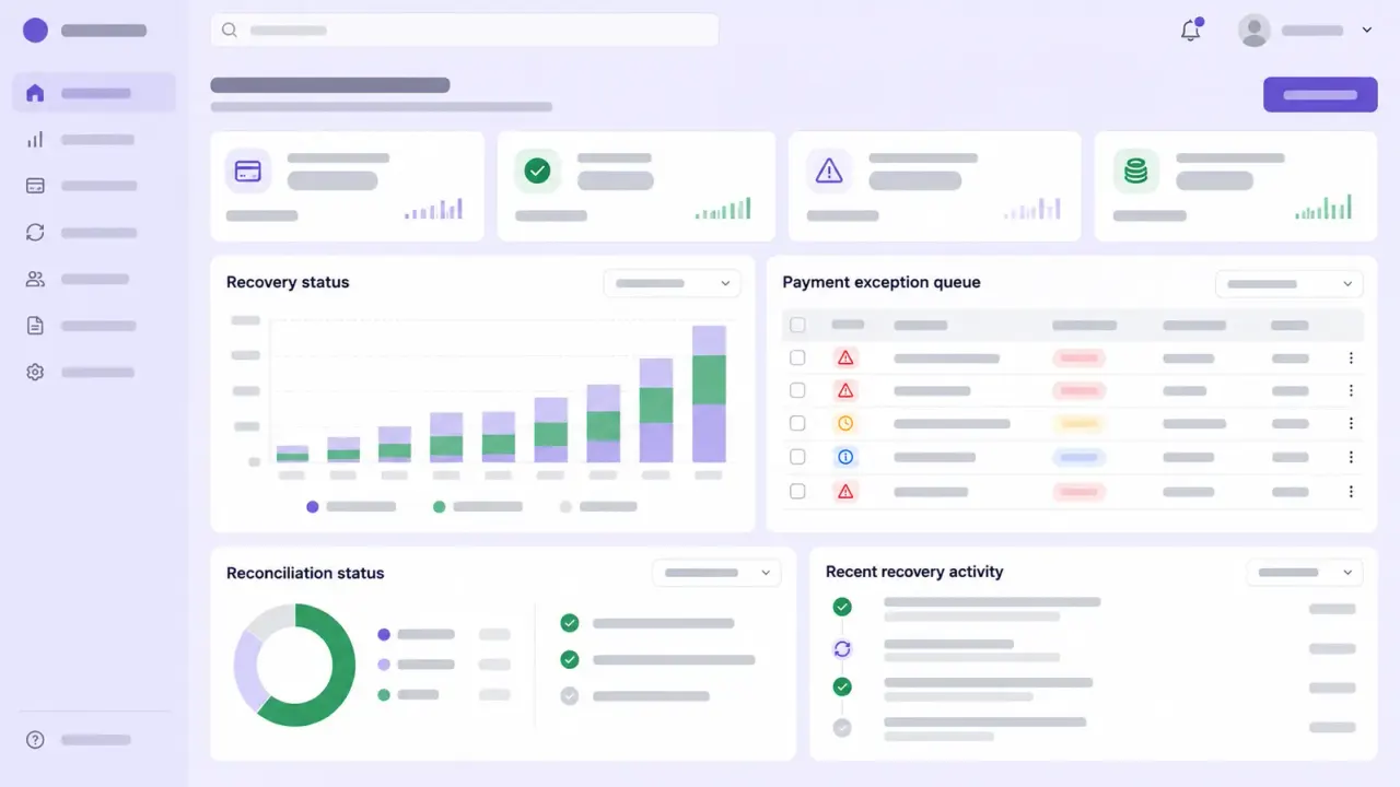 Finance operations dashboard with a payment exception queue and reconciliation status, with all values masked