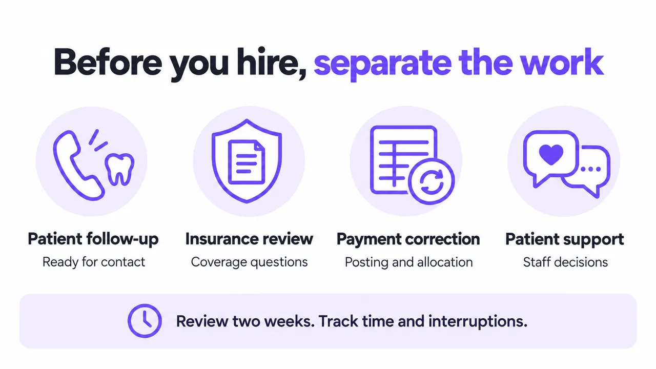 Four dental workload categories: patient follow-up, insurance review, payment correction, and patient support. Review two weeks and track time and interruptions.