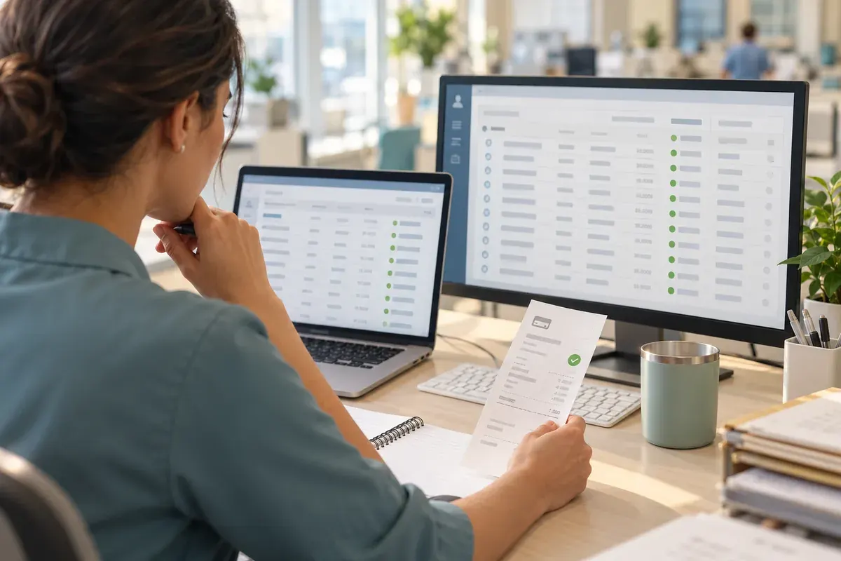 A healthcare finance analyst comparing payment records and receipts across account systems.