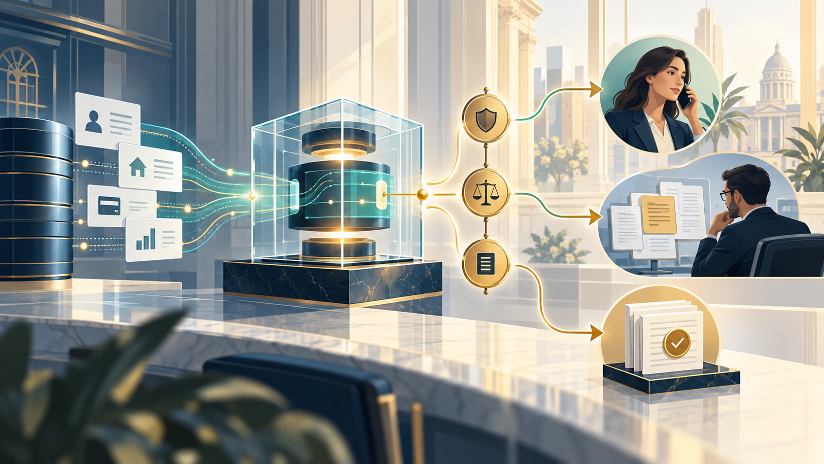A bank collections workflow routes account data through policy controls to approved outreach, staff review, and an audit record.