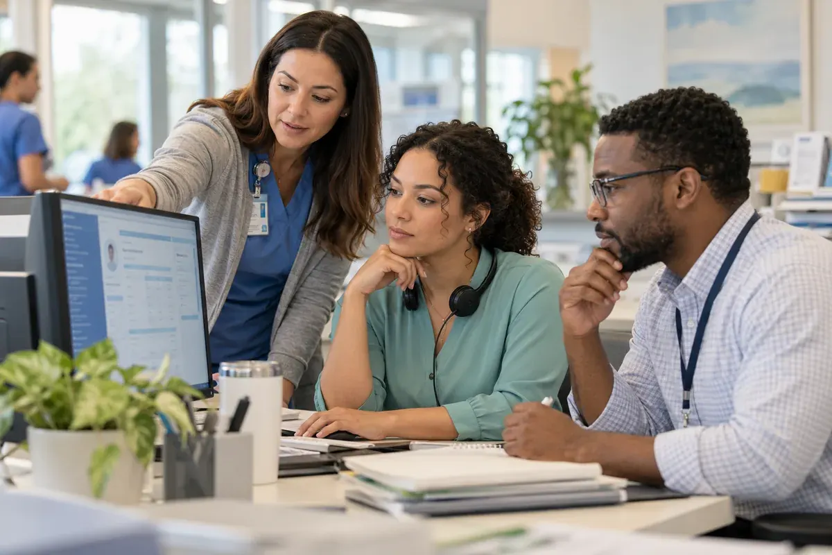 Healthcare billing colleagues reviewing patient account information on a shared screen.