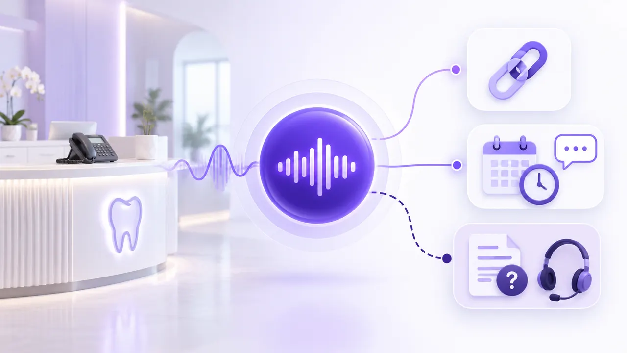 Dental reception beside a Voice AI waveform connected to payment-link delivery, payment-commitment follow-up, and staff review of account questions.