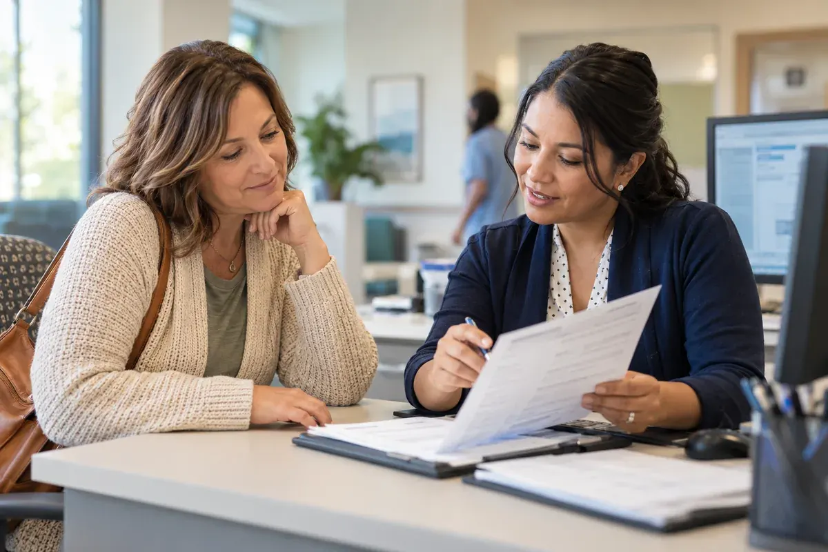 A patient and billing specialist reviewing a medical statement together.