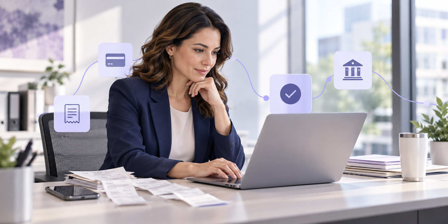 A healthcare finance specialist reviewing payment records at a laptop.