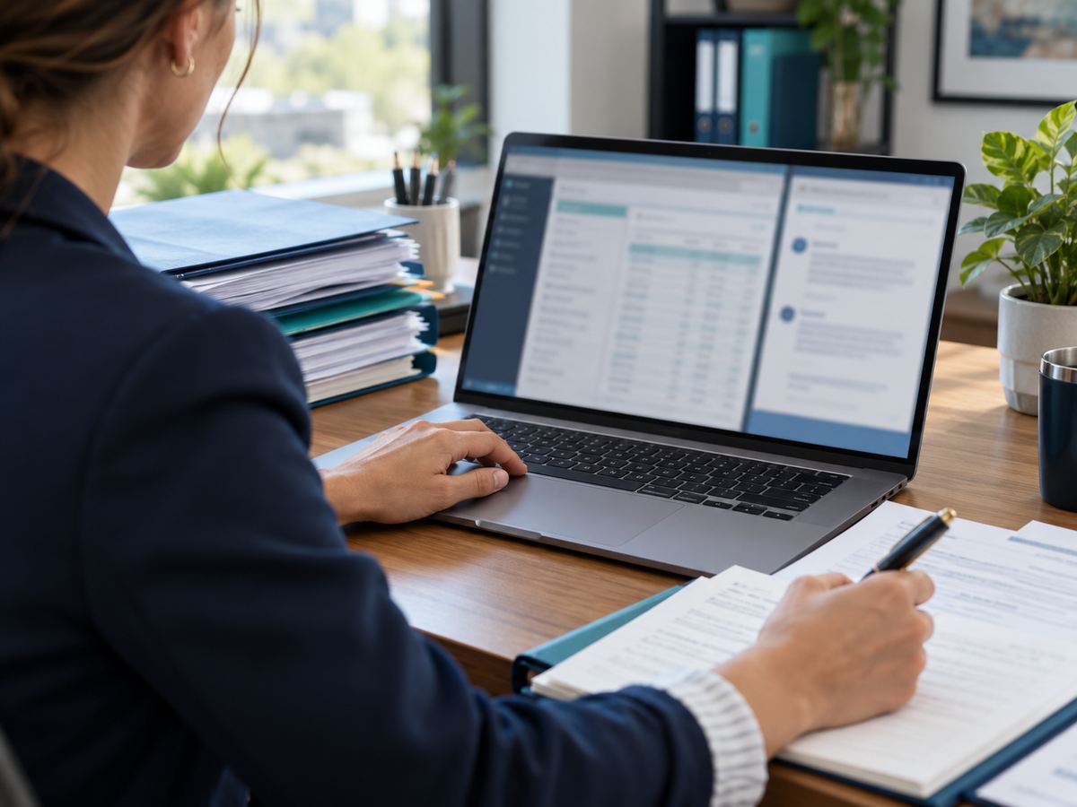 Financial operations specialist reviewing account records and documenting a case outcome.