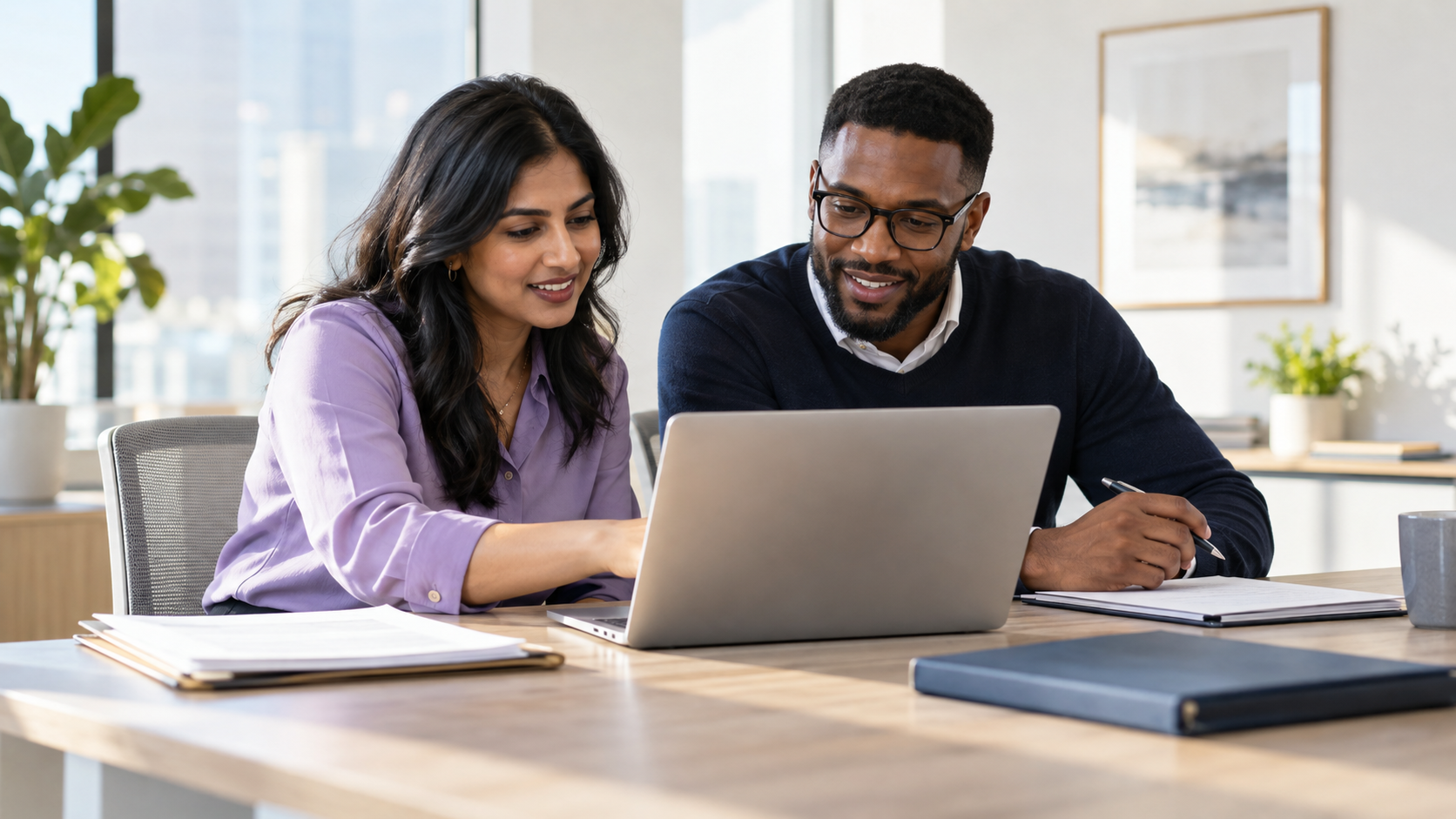 Two finance operations colleagues reviewing information together at a laptop in a modern office.