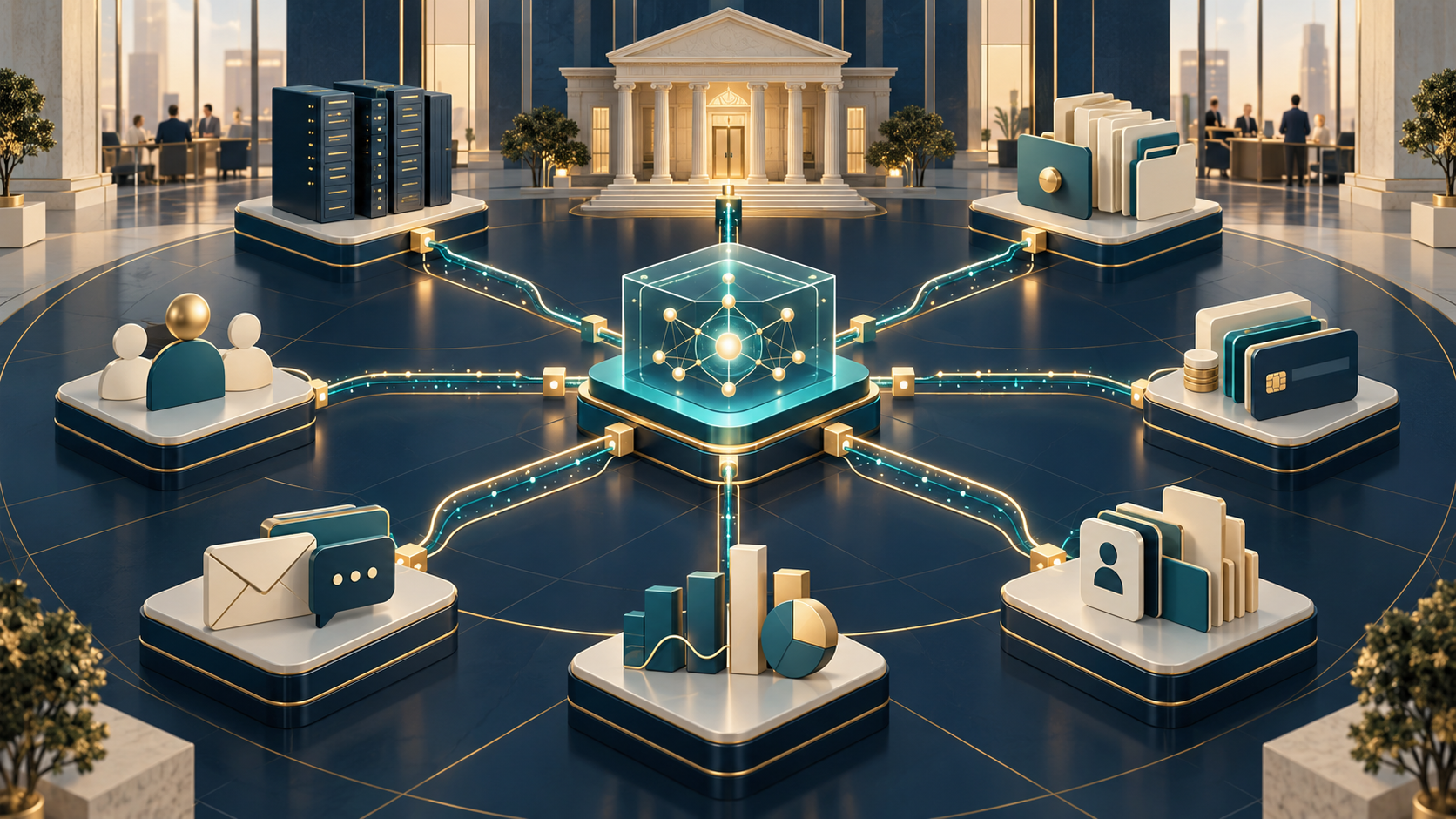 A governed collections platform connects a bank's core, loan servicing, CRM, payment, communications, analytics, and case systems.