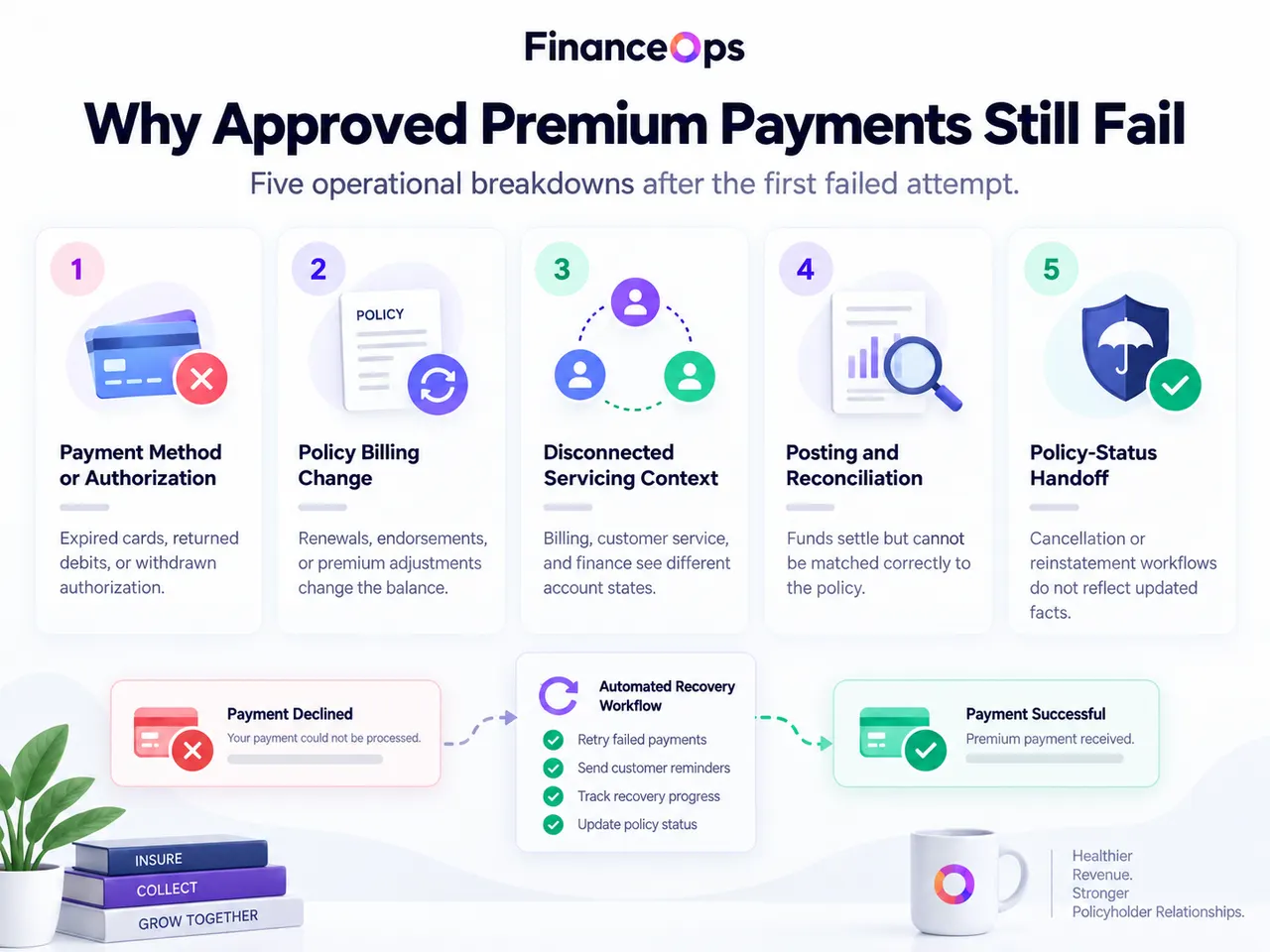 Five operational reasons premium payment recovery fails: payment authorization, billing changes, disconnected servicing, reconciliation, and policy-status handoffs.