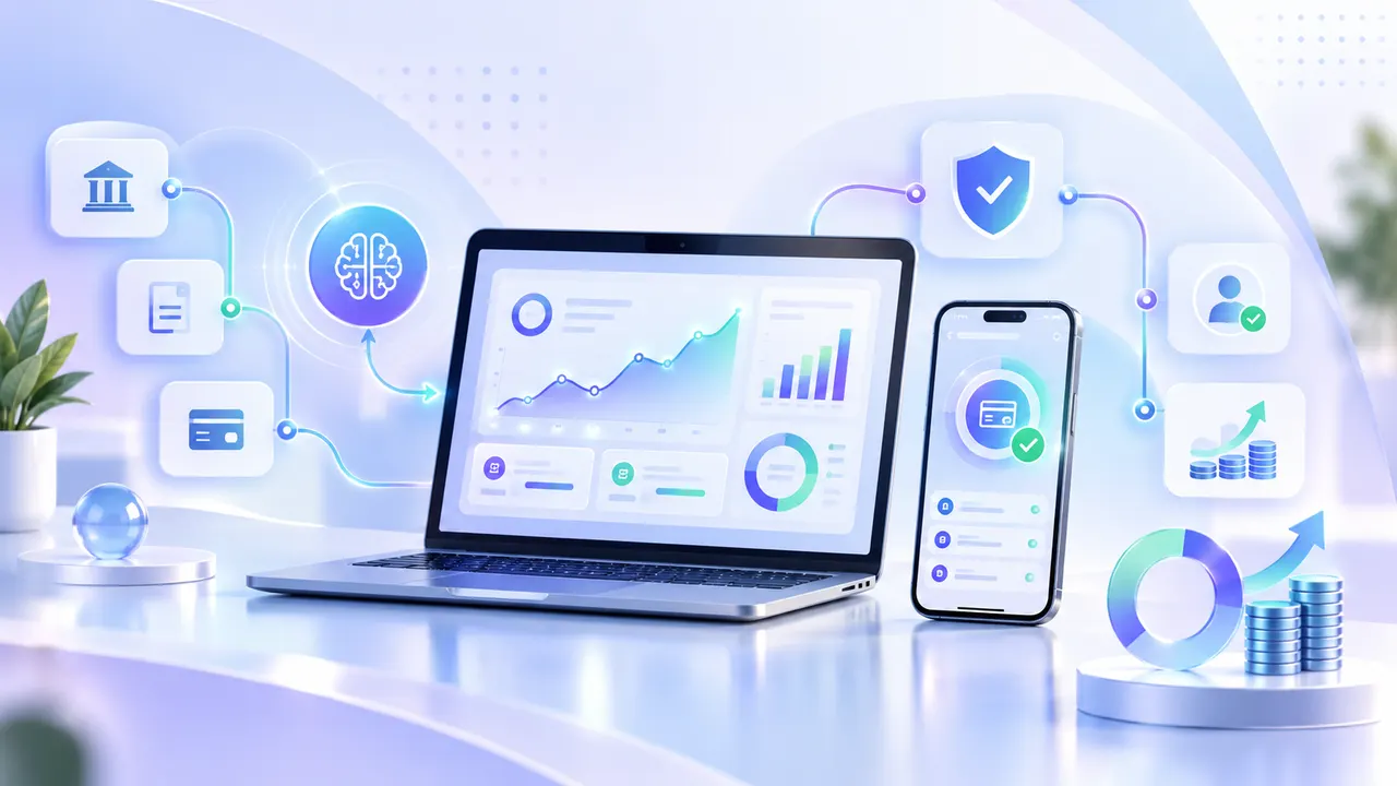 Text-free fintech analytics illustration with a laptop dashboard, mobile payment confirmation, connected AI workflows, and financial security icons.