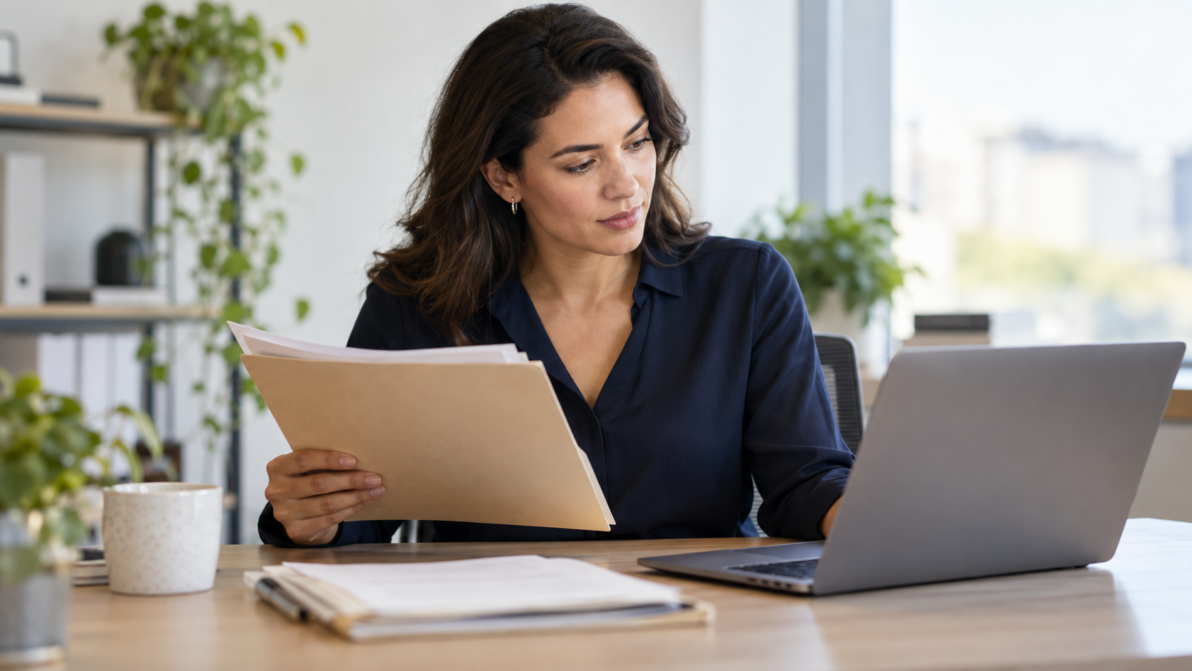 A finance operations analyst comparing a paper account folder with information on a laptop.