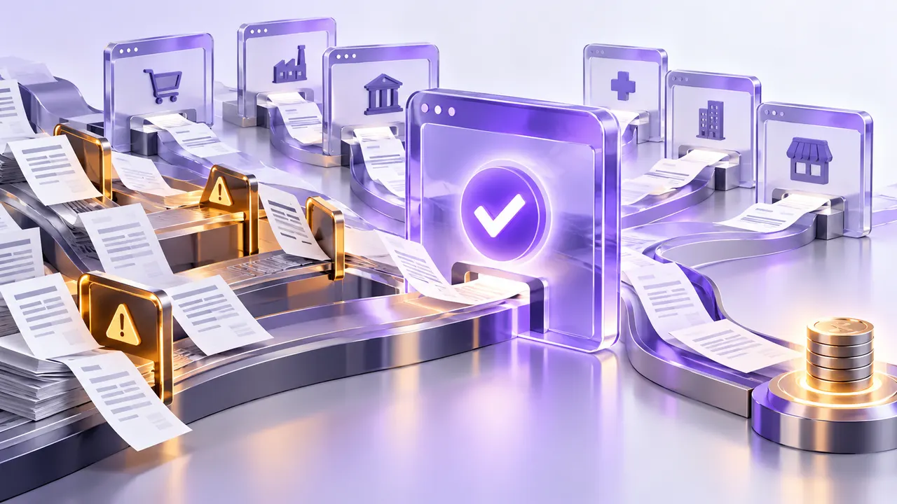 Invoices moving through customer procurement portals, with warning symbols at blocked steps and an approval checkmark before payment.