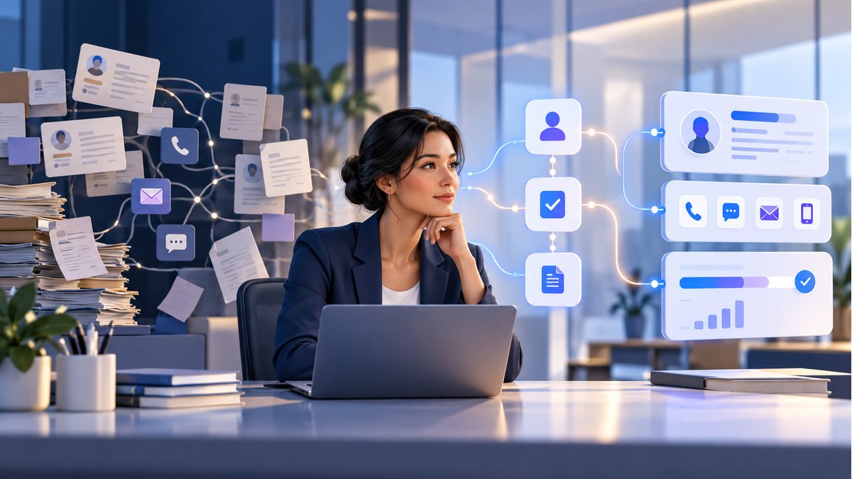 A bank collections professional reviews a connected workflow linking account information, borrower communication, and payment resolution.