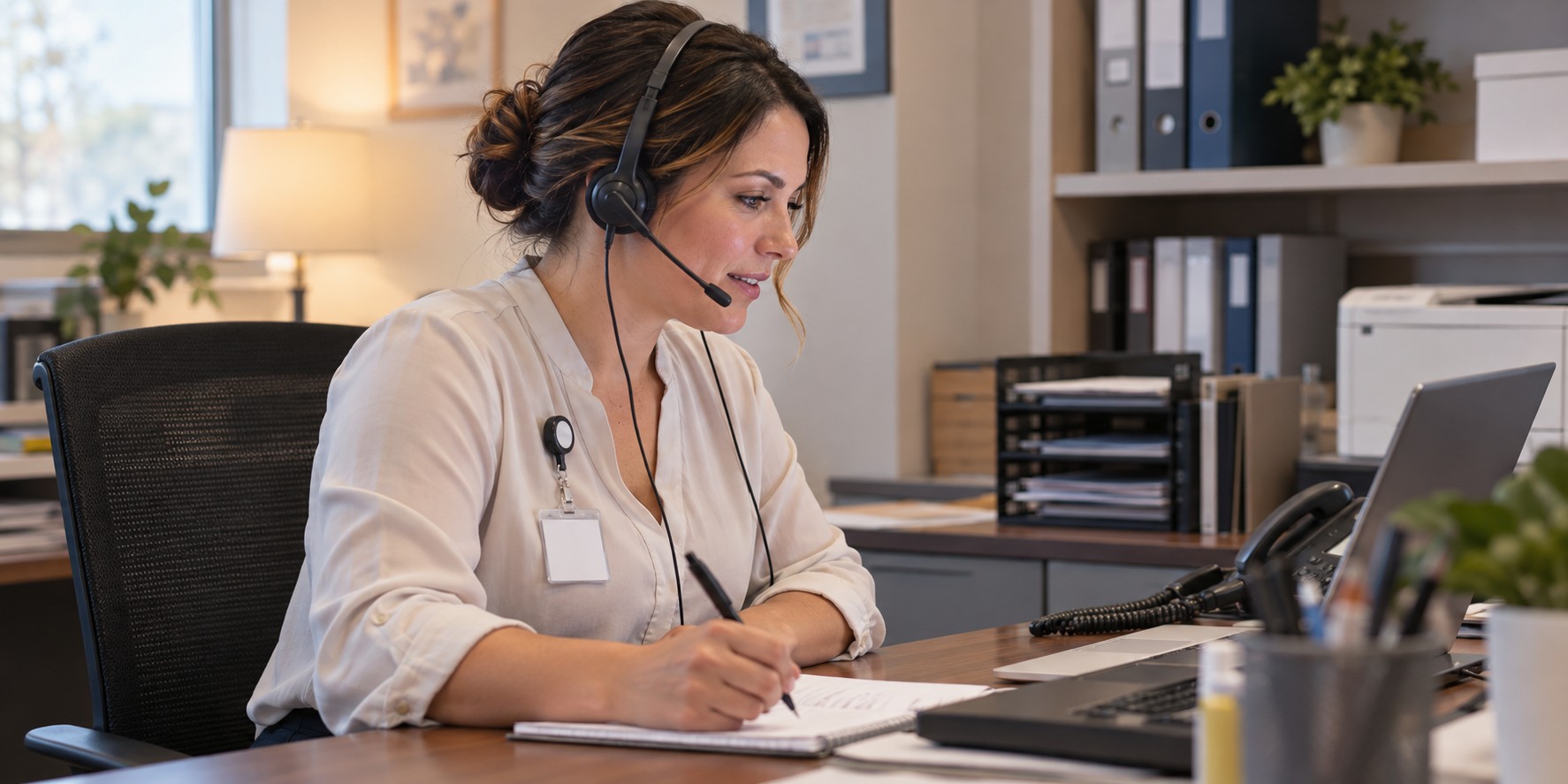 A hospital billing specialist listening to a patient-support call through a headset and recording the next step on paper.