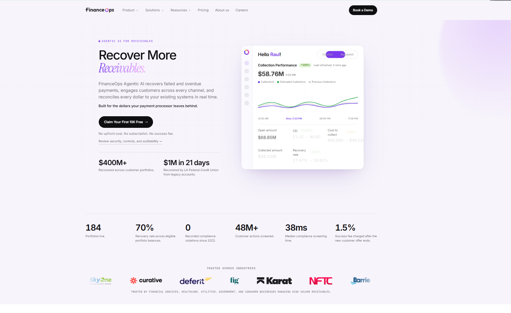 FinanceOps website screenshot showing its collections performance dashboard and company metrics.