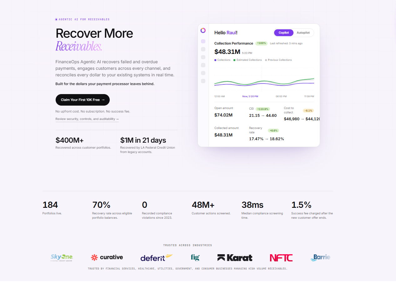 FinanceOps dashboard with portfolio recovery, cost, and compliance metrics alongside company-level results.