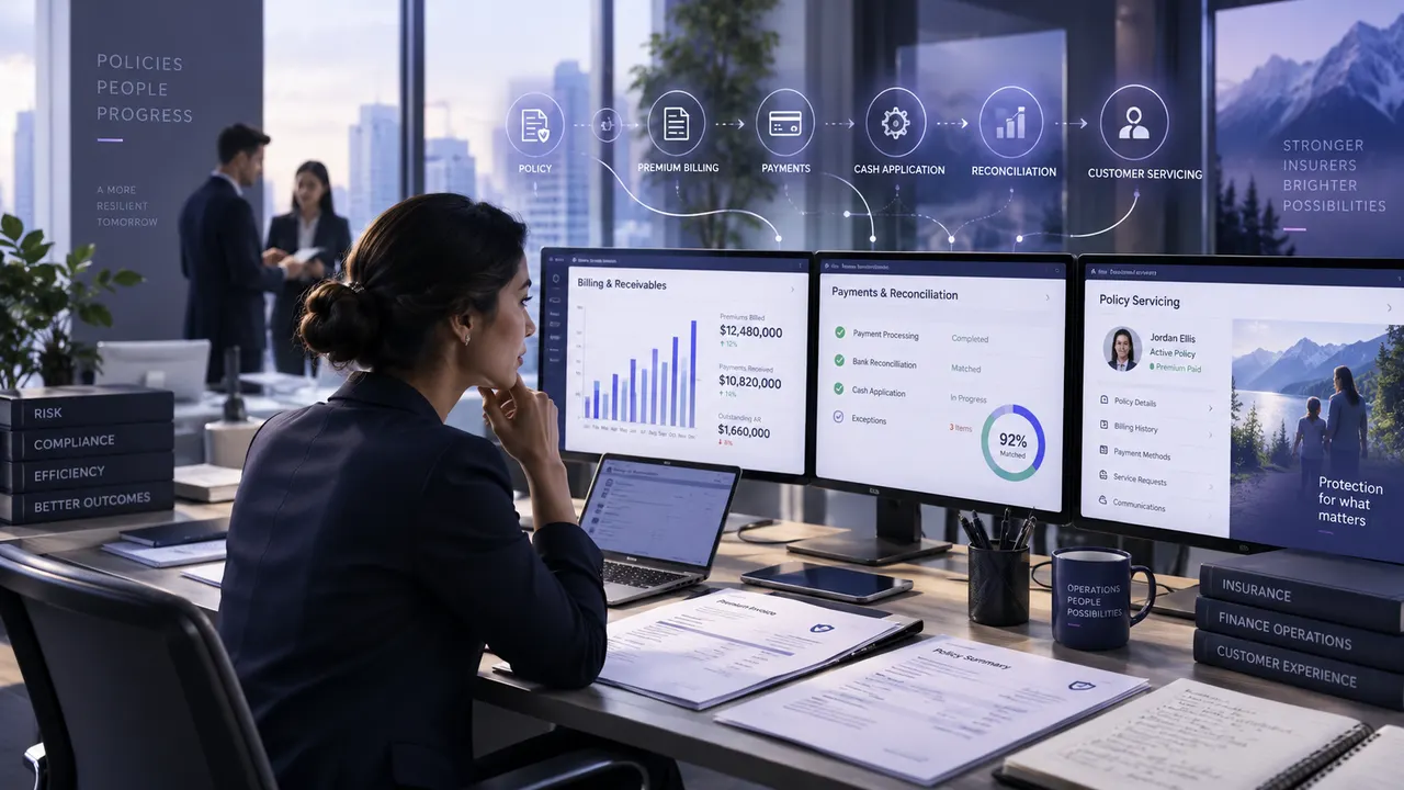 Illustration of an insurance finance team reviewing premium receivables, payments, reconciliation, and policy servicing dashboards.