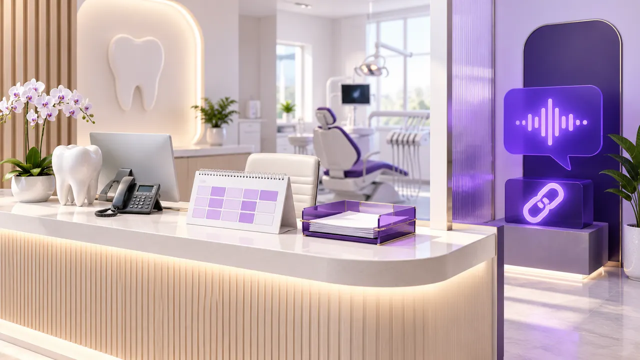 Dental reception desk with an appointment calendar, telephone, and invoice tray beside purple voice and payment-link symbols.